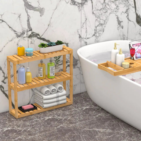 Bamboo 3 Tier Wall Mount Over Toilet Shelf Rack Adjustable Space Saving Storage next to a bathtub in marble bathroom.