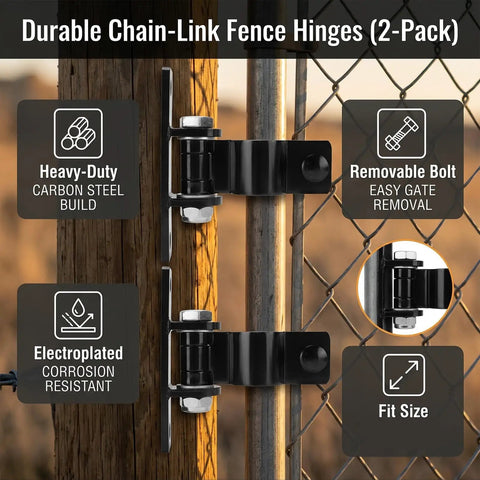 Built Like A Tank Heavy Duty Gate Hinges With Secure Removable Bolt System on chain-link fence, heavy-duty carbon steel design.