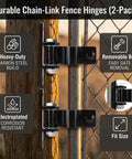 Heavy Duty Gate Hinges With Removable Pin Carbon Steel Build Road Ready Rust Resistant Electroplated Finish For Backyard Fence Driveway, close-up on hinges.