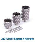 Evolution CC112 annular cutter set of 3; 1-1/8 in diameter by 1 in depth, high-speed steel with pilot pins
