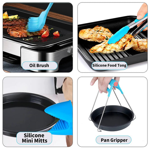 12 Piece Air Fryer Accessory Kit For Square Air Fryers Includes oil brush, silicone food tong, mitts, and pan gripper in use.