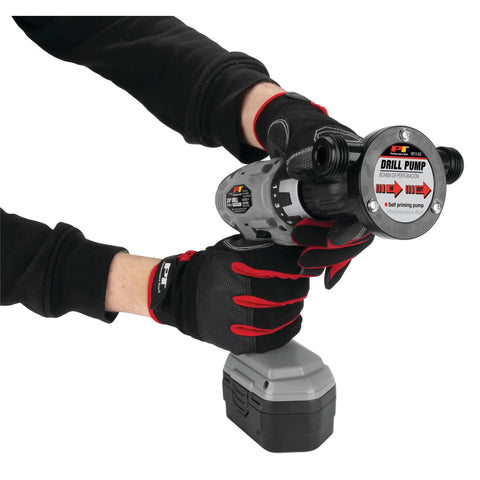 Drill Pump Liquid Transfer Kit for 1200+ RPM Drills with cordless drill, gloves, and self-priming pump for easy fluid transfer.