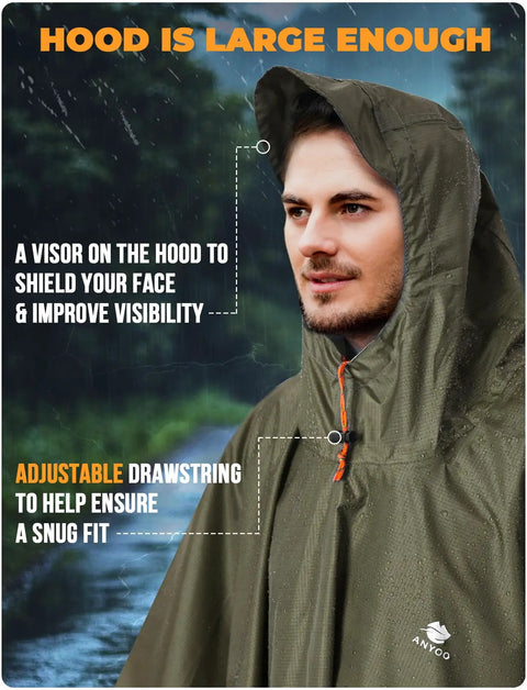 Hooded Rain Poncho For Adults Waterproof Lightweight All Weather Rain Jacket Alternative For Men And Women Reusable Emergency Gear For Camping And Outdoor Activities Army Green One Size with visor and drawstring.