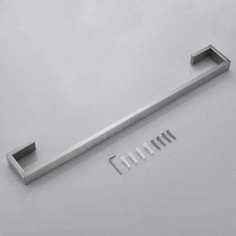 Stainless Steel 24 Inch Towel Bar Rack Wall Mount Towel Holder With Brushed Nickel Finish Modern Bath Towel Rail Heavy Duty Rust Resistant Easy To Clean Durable Single Bar Silver Bathroom Accessory with mounting hardware on white background.