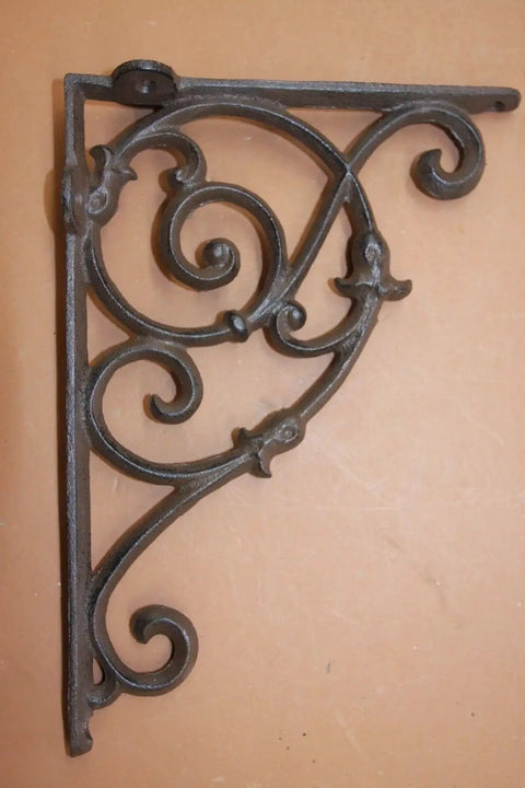 Heavy Duty Victorian Corner Shelf Bracket in Solid Cast Iron with Rustic Brown Finish, detailing vintage curves, set of four.