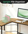 Five Section Mesh Desk Organizer And Vertical File Holder For Desktop Mint Green on wooden desk with monitor and pink folders