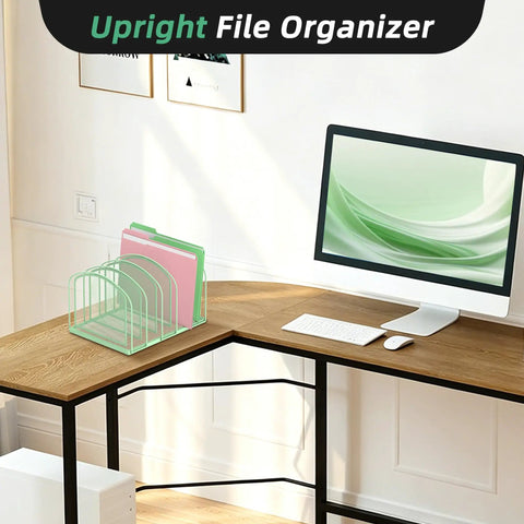 Five Section Mesh Desk Organizer And Vertical File Holder For Desktop Mint Green on wooden desk with monitor and pink folders