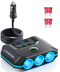 7-In-1 Cigarette Lighter Splitter With 120W Car Charger, 3 sockets, USB-A USB-C ports, LED display, and fuses shown