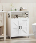 Farmhouse Style Bathroom Storage Cabinet With 2 Doors And Adjustable Shelves, Barn Door Look, in a bathroom setting.