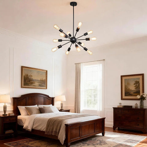 Sputnik 12-Light Black Chandelier for Living Room and Dining Area above a bed in a spacious, elegant bedroom.