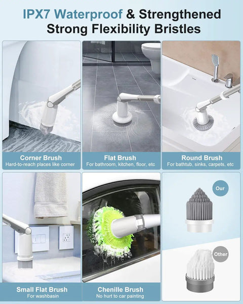 Image showing five brush heads of Cordless Spin Scrub With 600 RPM Power, Adjustable Long Handle for diverse cleaning tasks.