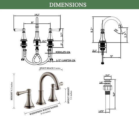 Dimensions diagram of 2 Handle 8 Inch Widespread Bathroom Sink Faucet Brushed Nickel With Pop Up Drain High Arc Modern Vanity Faucet