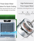 Portable Evaporative Swamp Cooler With Remote And 12 Hour Timer, showing three green water curtains and high-performance copper motor.