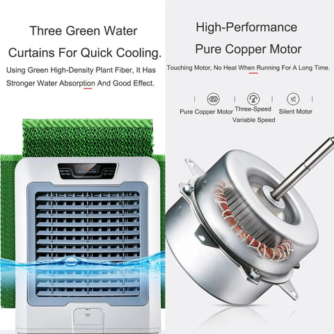 Portable Evaporative Swamp Cooler With Remote And 12 Hour Timer, showing three green water curtains and high-performance copper motor.