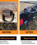 Before and after installation of Beefy 4 Pack 16200 Lb Trailer Stake Pocket D Ring Tie Downs For Flatbed Trucks And Trailers With Standard 2x4 Stake Pockets Heavy Duty Cargo Securement Gear You Can Trust; showing ease of installation