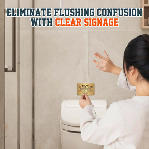 Person placing 2 Pack Do Not Flush Sign Self Adhesive Gold And Black Toilet Rule Sticker in bathroom, clear message