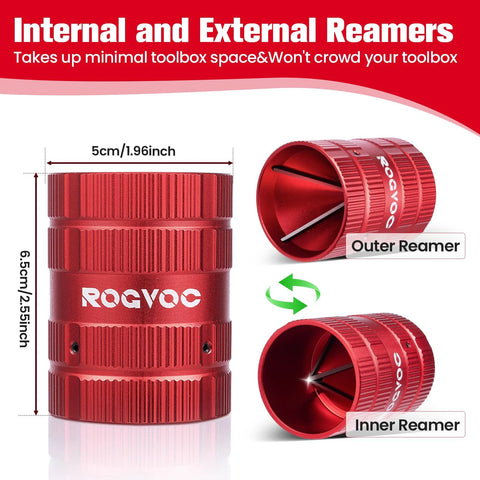 Front view of red ROGVOC deburring pipe reamer tool with outer and inner reamers