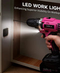 Pink Cordless Drill Kit For Women, 20V Lithium-Ion Power Drill with 3/8 inch keyless chuck, LED work light illuminating cabinet