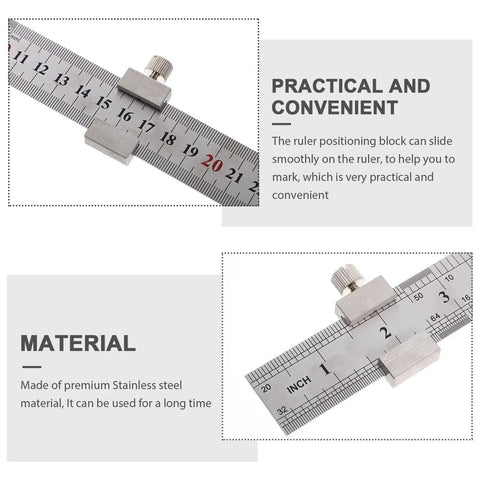 Stainless Steel Ruler With Sliding Positioning Block For Precision Measuring In Engineering And Carpentry Pro Grade Durable Double Sided Metric Imperial Ruler For School And Office Use Built To Last Flatness And Accuracy showing sliding block for smooth marking