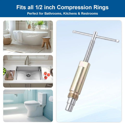Compression Sleeve Puller And Ferrule Remover For 1/2 Inch Copper Pipe No Cutting Required Handles Tight Spots And Barely Reach Areas Takes Off Old Rings Cleanly Without Dents Or Damage In Seconds For Pro Plumbers, shown with bathroom, sink, and toilet use