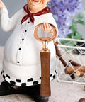 Front view of copper-tone bottle opener with circular ring head and wooden handle for DIY craft projects