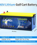 48V 100Ah LiFePO4 Golf Cart Battery with dimensions and specifications displayed