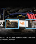 Comparison of Badass Heavy Duty Battery Terminal Connectors Kit With 2 Gauge Copper Lugs and corroded terminal connections.