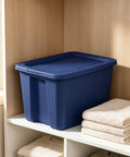 Built Tough 18 Gallon Blue Plastic Storage Tote Bin Featuring A Secure Snap On Lid For Zero Hassle Home Organization And Reliable Gear Storage Year Round on a shelf.