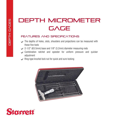 Depth Micrometer With Combination Ratchet And Speeder, Ring Type Locknut in case, 0 to 6 inch range, 0.001 inch graduation, six rods
