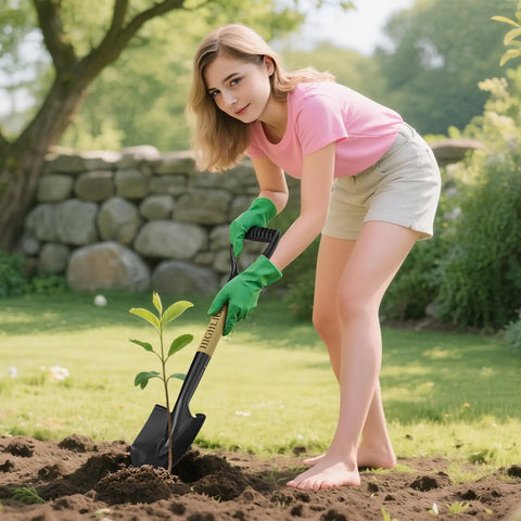 Person using Heavy Duty 28 Inch Round Shovel With D Handle Solid Wood Grip And Carbon Steel Blade For Digging In Sand Snow Dirt