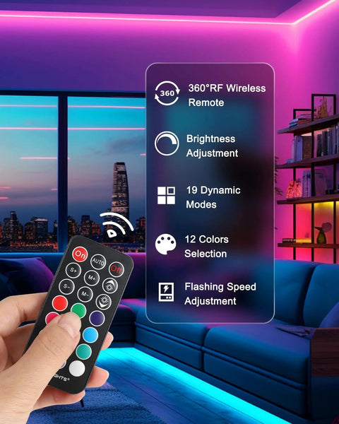 Lit RGB LED Strip Kit 32.8 Feet With 300 LEDs 5050 SMD Color Changing lighting in modern living room, remote visible