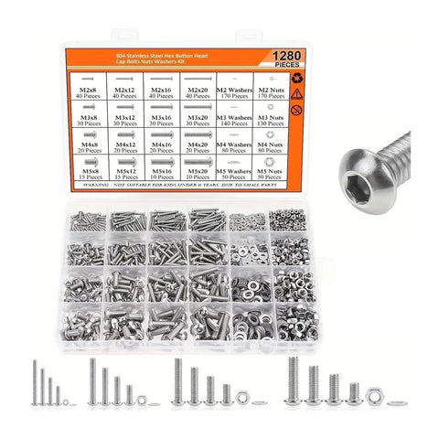 Massive 1280 Piece 304 Stainless Steel Hex Socket Screw And Nut Kit With Five Metric Sizes From M2 To M5 For Quick Durable Repairs And Tight Solid Fastening On Diy Projects And Home Fixes. Organizer box with M2-M5 screws, nuts, and washers