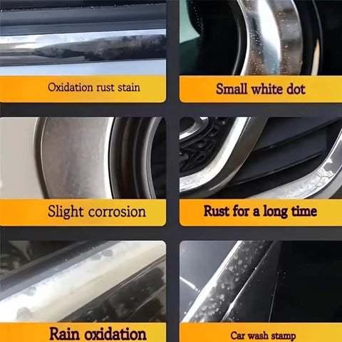 Close-up image showing multiple car surface issues including oxidation, rust stains, small white dots, and rain oxidation.