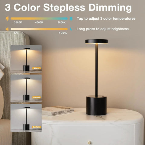 Cordless Table Lamp Set of 2 with 4000mAh Rechargeable Battery Wireless LED Lamps with 3 Color Stepless Dimming on bedside table