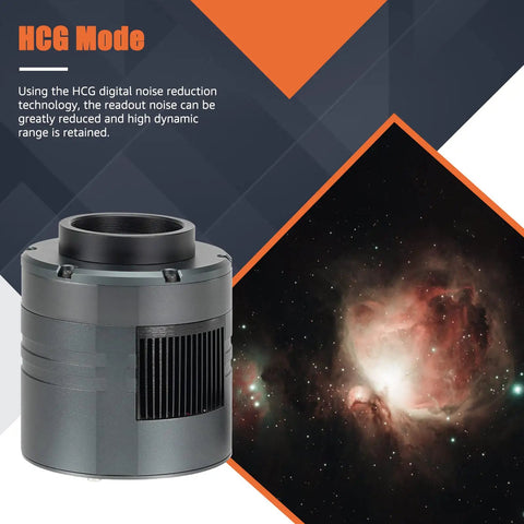 605MC Telescope Camera With IMX533 Sensor for deep sky astrophotography next to nebula image demonstrating high contrast capture