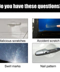 Various car scratches including malicious scratches, accident scratch, swirl marks, and nail pattern near door handle.