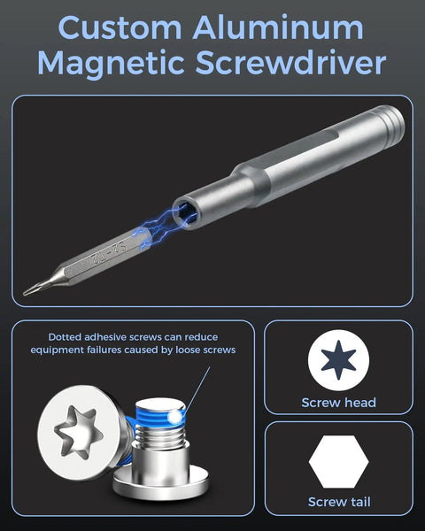 Custom Aluminum Magnetic Screwdriver for eyeglass repair, featuring a precision tip and screw head detail.