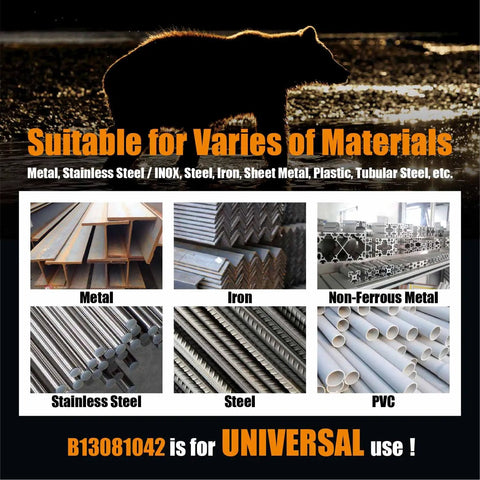 Display showing materials suitable for cutting: metal, iron, non-ferrous metal, stainless steel, steel, and PVC.