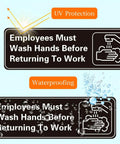 Five Pack Hand Wash Signs 9 By 3 Inch Waterproof Acrylic Signs With Symbols Self Adhesive Indoor Outdoor Use For Hotels Restaurants Rest Areas Salons Public Restrooms, showcasing UV protection and waterproof features.