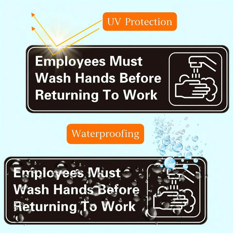 Five Pack Hand Wash Signs 9 By 3 Inch Waterproof Acrylic Signs With Symbols Self Adhesive Indoor Outdoor Use For Hotels Restaurants Rest Areas Salons Public Restrooms, showcasing UV protection and waterproof features.