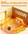 Diagram showing 1500W Outdoor Space Heater For Patio And Garage With 3 Second Quick Heat heating a bedroom space efficiently