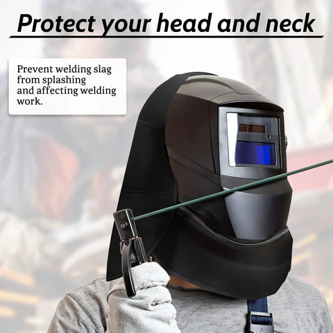 Welders using Two Pack Welding Helmet Cover And Bib Set With Extended Seal for Full Protection, flame-resistant fabric, black.