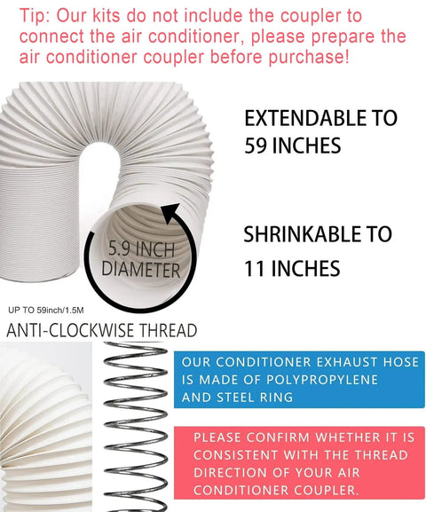 Portable AC Window Vent Kit With Adjustable Vertical And Horizontal Sliding Panels, Seamless Window Seal For 5.9 Inch Diameter Exhaust Hose, 59 Inch Length, Easy Rail System, Secure Fit And Leak Free Cooling showing flexible hose details and specifications.