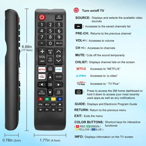 Front and side view of black remote control from Pack Of 2 Universal Remote Control Replacement For Smart TVs That Play Nice With Frame QLED And LED 7 Series Easy Plug And Play Setup Exact Compatibility With BN59 Series Remotes.