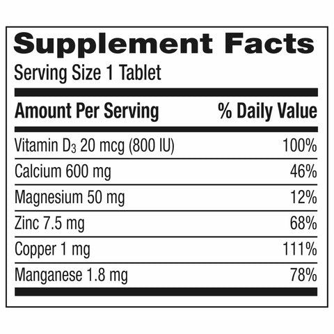 Supplement facts label for Calcium And Vitamin D Plus Minerals Supplement Tablets For Adults With Bone Health Support