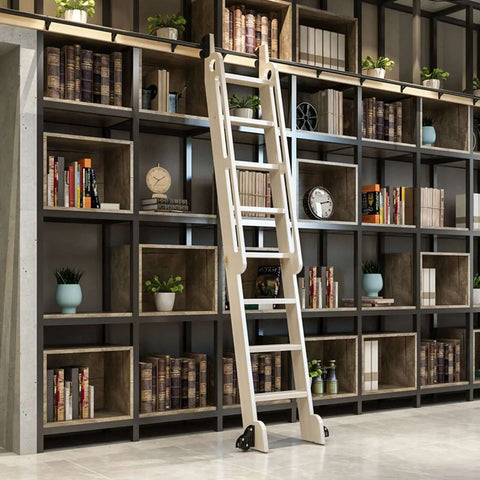 Library with sliding ladder on black steel track from Heavy Duty Sliding Barn Door Hardware Kit Adjustable From Three Point Three Feet To Twenty Feet With Floor Rollers And Black Steel Round Tube Track For Mobile Library Ladders Built Tough Includes Track Supports Wheels And Stops