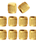 10 Pack 1/4 Inch SAE Brass HVAC Service Port Caps With 7/16-20 Thread, Heavy Duty Flare Cap With Rubber Seal For R22 R12 AC Systems, Ideal For Manifold Gauge Hoses And Valve Core Removal Tools, Durable Gold Finish, brass HVAC port caps shown
