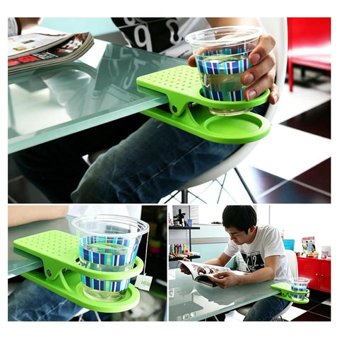 Must Have Durable Drink Cup Clip For Tabletops Rugged Tabletop Holder attached to desk holding cup securely