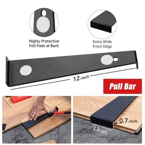 Heavy-duty pull bar from 64 Piece Pro Grade Laminate Flooring Installation Kit with protective felt pads and dimensions shown.