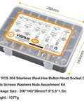 Clear box displaying 197Piece SAE Hex Button Head Screw Set With 1/4-20 5/16-18 3/8-16 Bolts, Washers And Nuts, 304 Stainless Steel Hardware Kit Including 12 Sizes For DIY Projects And Professional Repairs.